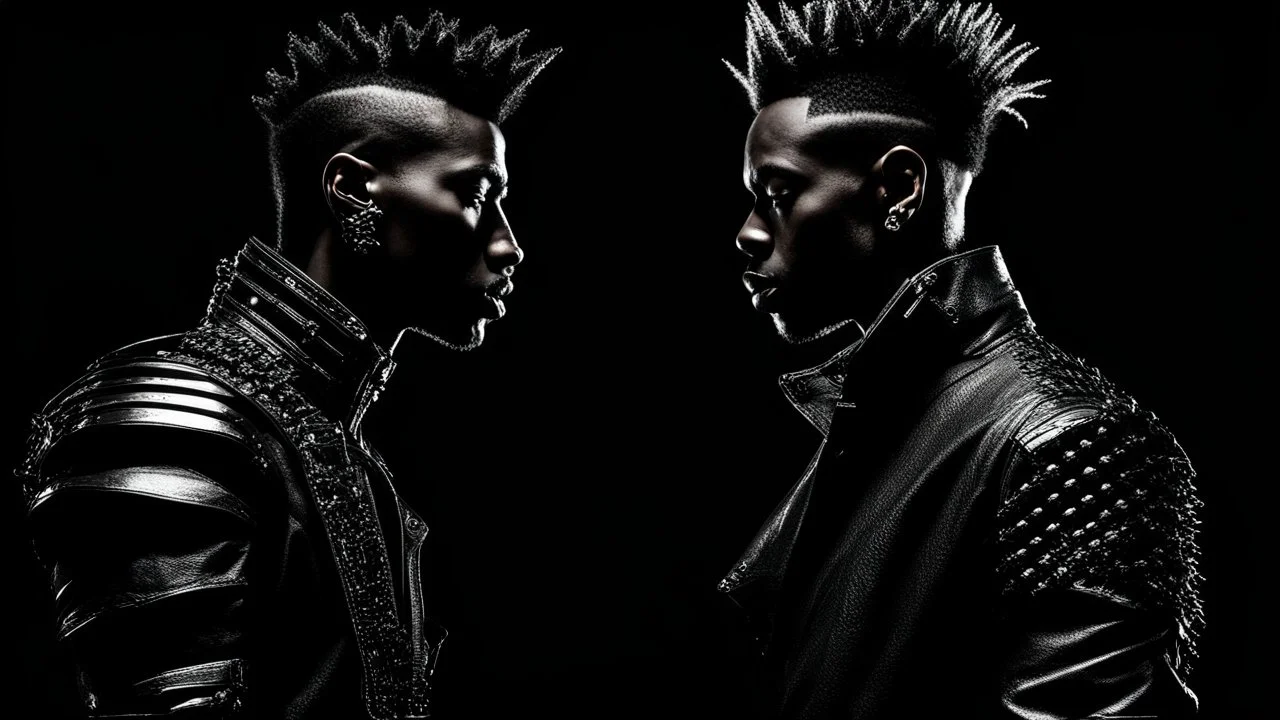 two Afro-American males facing each other in profile, confrontational stance, high-contrast black and white, deep shadows, bright rim lighting, dark studio background, punk spiked mohawk hairstyles, metallic reflective jackets, skin highlights, intricate chrome ear frames and jawline exoskeleton jewelry, biomechanical ear cuffs, sculptural contours, sharp silhouettes, cinematic low-key photography, cyberpunk aesthetic, symbolic duality, tension, dramatic