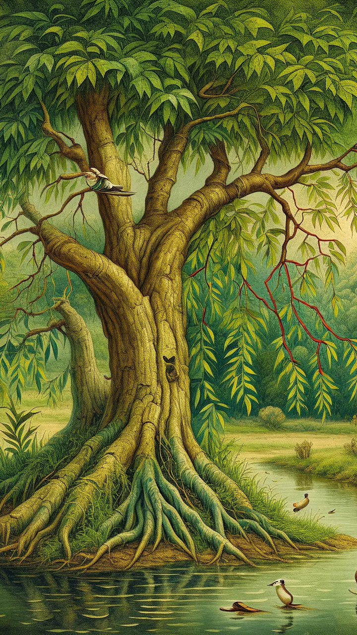 Bosch painting style , old willow tree by the river , a lovely ducks is swimming in the river