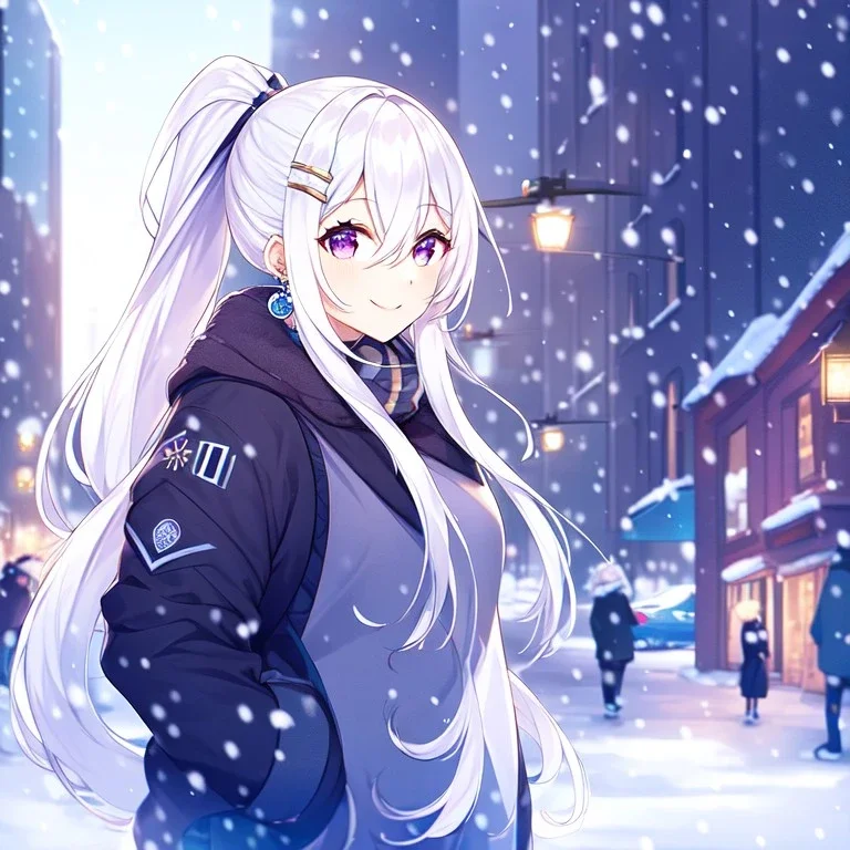 girl, masterpiece, best quality, volumetric lighting, detailed outfit, perfect eyes, long hair, white hair, purple eyes, snowing, winter clothes, smiling, street, ponytail, hairclip, earring, hair between eyes,