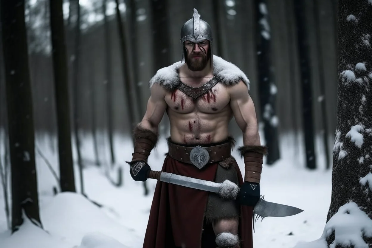 A strong man standing in cold windy snowy forest, shirtless, body scars, bloody, bear paws scars on chest, wearing a knight helmet face covered, carrying an axe