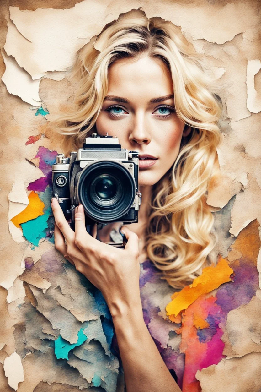 portrait of a blonde woman with a camera, background old torn paper, bright colors, ART drawing