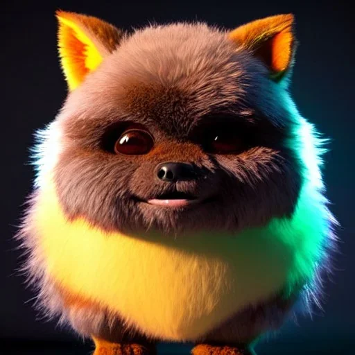 cute chubby gremlin ewok fox monster, friendly, darling creature, pet monster, meticulously detailed fur, cute face, pastel freckle spots, smile, four enormous clear bright neon eyes, huge, pointed ears; colorful; by Aleksandr Kumpan, CreatureBox, Justin Gerard; luminous color sparkles, 3D realistic, photorealism, high contrast