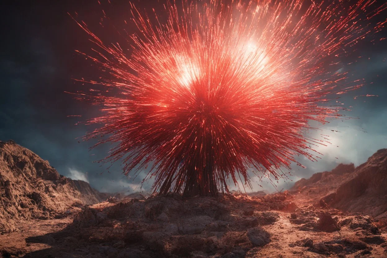 Atomic explosion, made of red vine, ULTRA REALISTIC, details, intricate detail, professional lighting, film lighting, 35mm, anamorphic, lightroom, cinematography, bokeh, lens flare, film grain, hdr10, 8k, Roger Deakins, incredibly detailed, reflect, sharpen