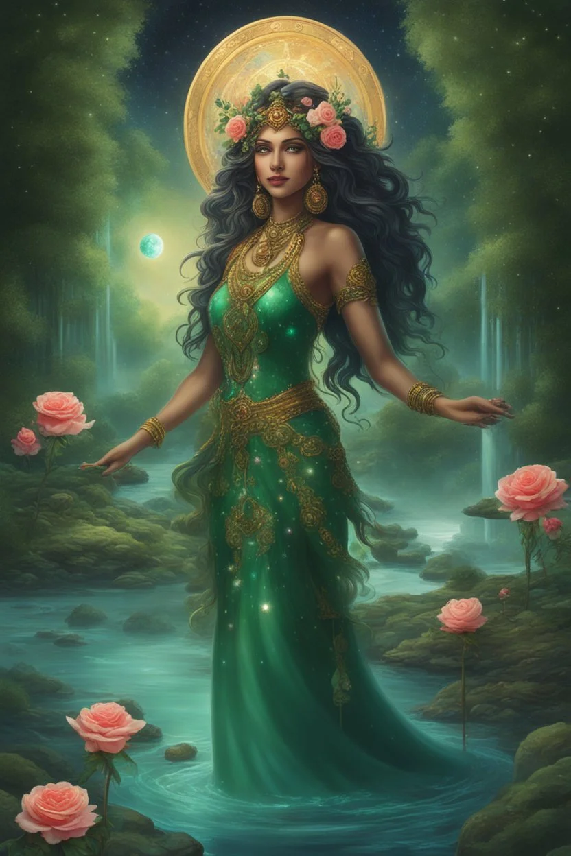 The beautiful goddess of healing and well-being stands on a land of pure water embellished with emeralds. And glass rose trees. And a name. Colored with stars and planets