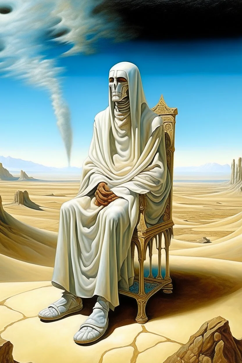 portrait of tall god looks like human but 4 times bigger than normal humans with shining eyes in full clothes, clothes like Arabs in desert. Their face is covered in white shall only their eyes are out. Sitting on a stone chair by Dali