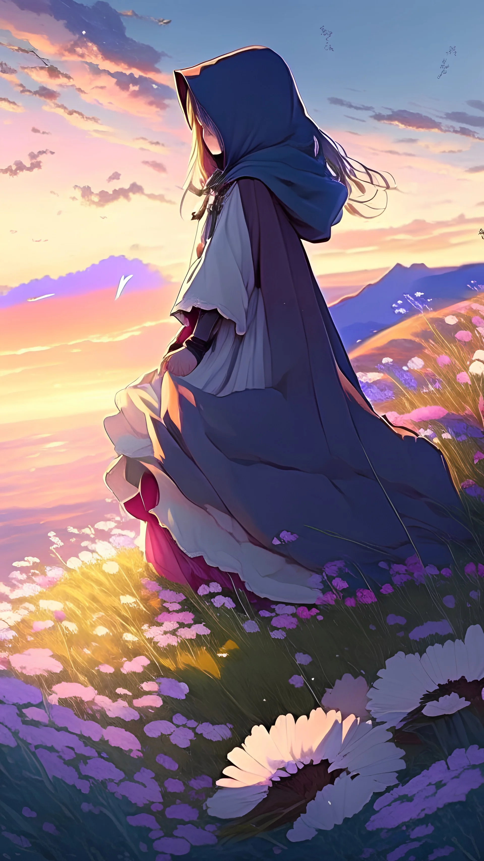 anime picture of a young girl kneeling. She wears a long cloth cape that covers his face and hair. She wears large and closed clothes. She prayed to God on a hill full of flowers. dawn background
