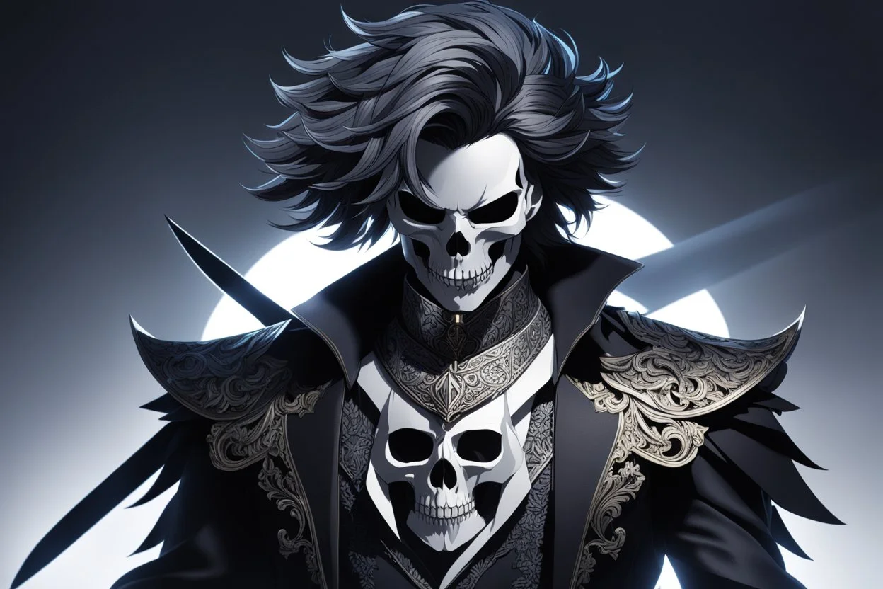 skull, man hair , scissors, mask, cover face in 8k solo leveling shadow artist dynamic pose, oshare kei, hurufiyya, rtx, intricate details, highly detailed, high details, detailed portrait, masterpiece,ultra detailed, ultra quality