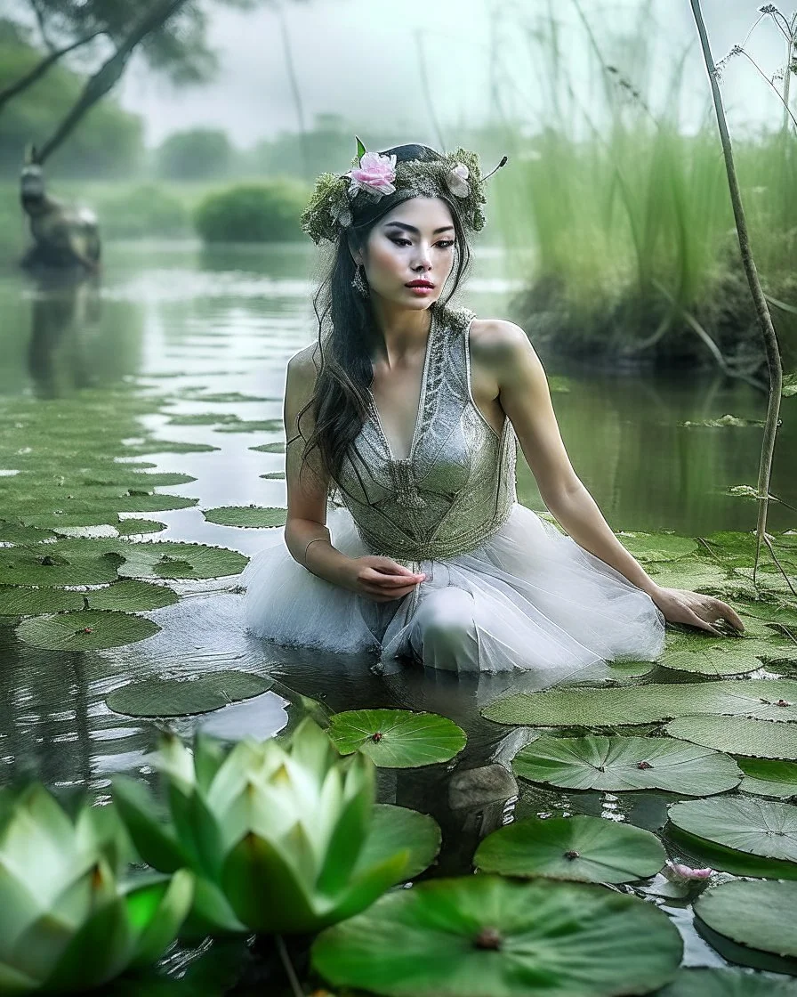 Lens focus DSLR Camera Photography full length image beautiful humanoid Pretty Girl Fairy Queen sorrounded full of lotus flowers leaves plenty,fullbody pretty fairy lady drown into the river swim on swampriver and the wonderful river sorrounded birds and flowers, morning heavy fog and smokes background,realistic potrait photoshoot experiences photographer