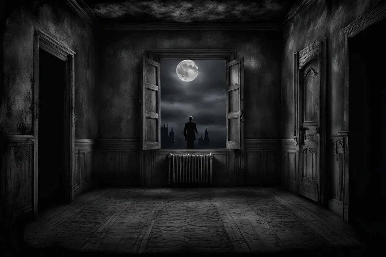 It was a creepy, silent night. The dark shadows danced across the walls, and sky , and the full moon make heavily verticíl light in the room, a dark Silhouette stands in the evil fog, in the grey ruined room, the sleeping human heart ached with fear and sadness, for knows what waiting at the end