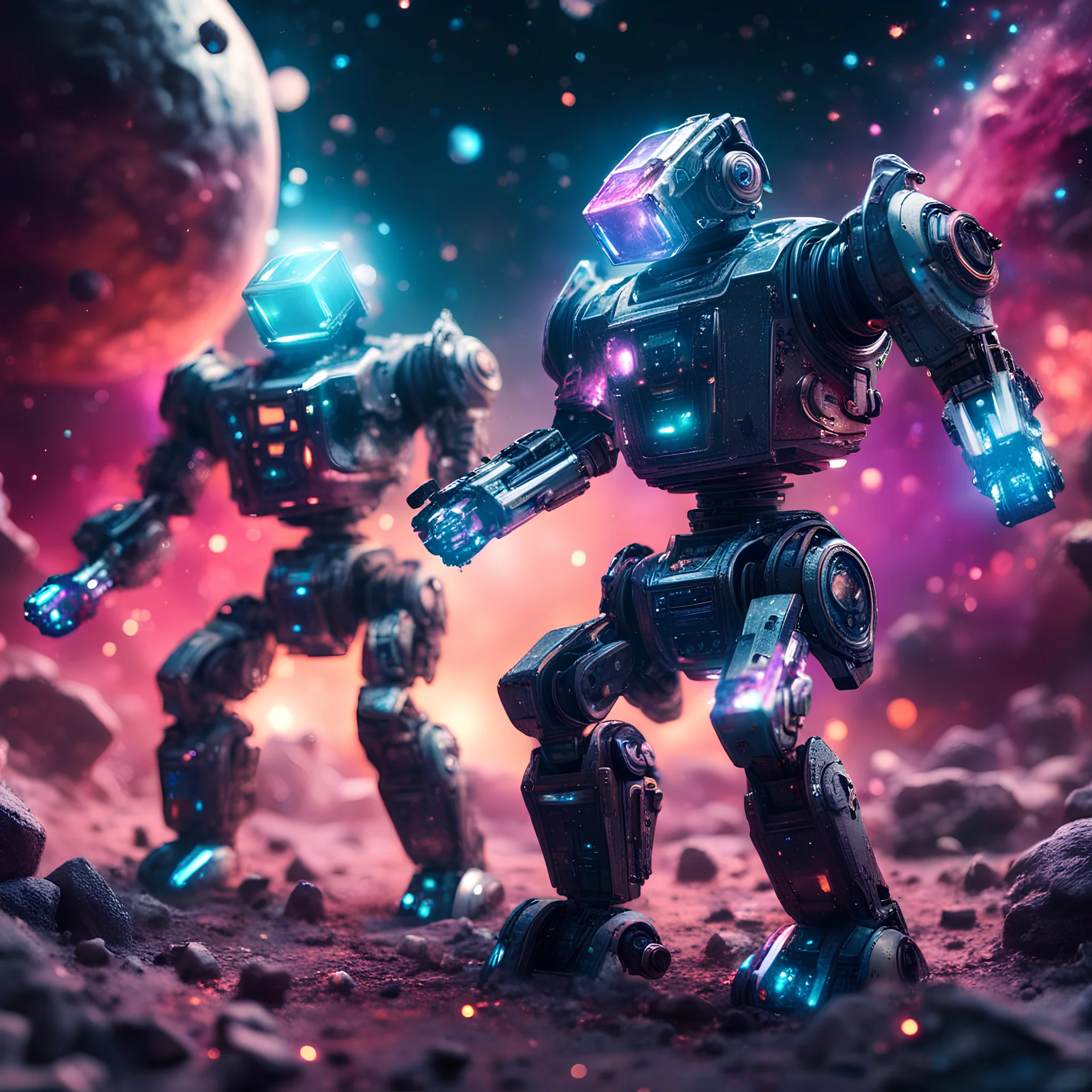 weaponized space robot fight covered with glowing crystals, nebula particles in air, in space, galaxy in background, bright colors, glowing sparkle particles, dark tone, sharp focus, high contrast, 8k, incredible depth, depth of field, dramatic lighting, beautifully intricate details, clean environment, epic dynamic scene