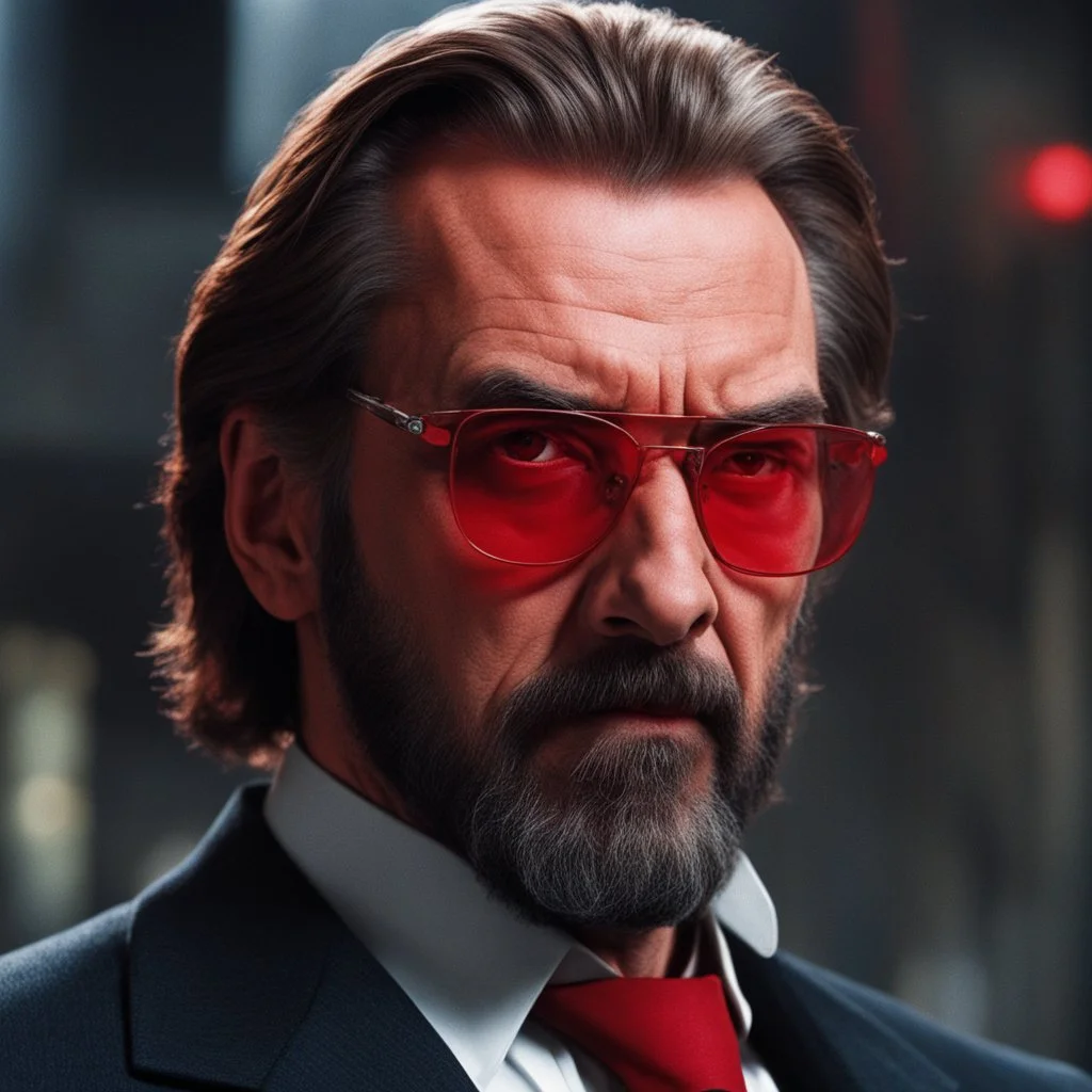 an intimidating and menacing looking Hans Gruber wearing red-tinted glasses