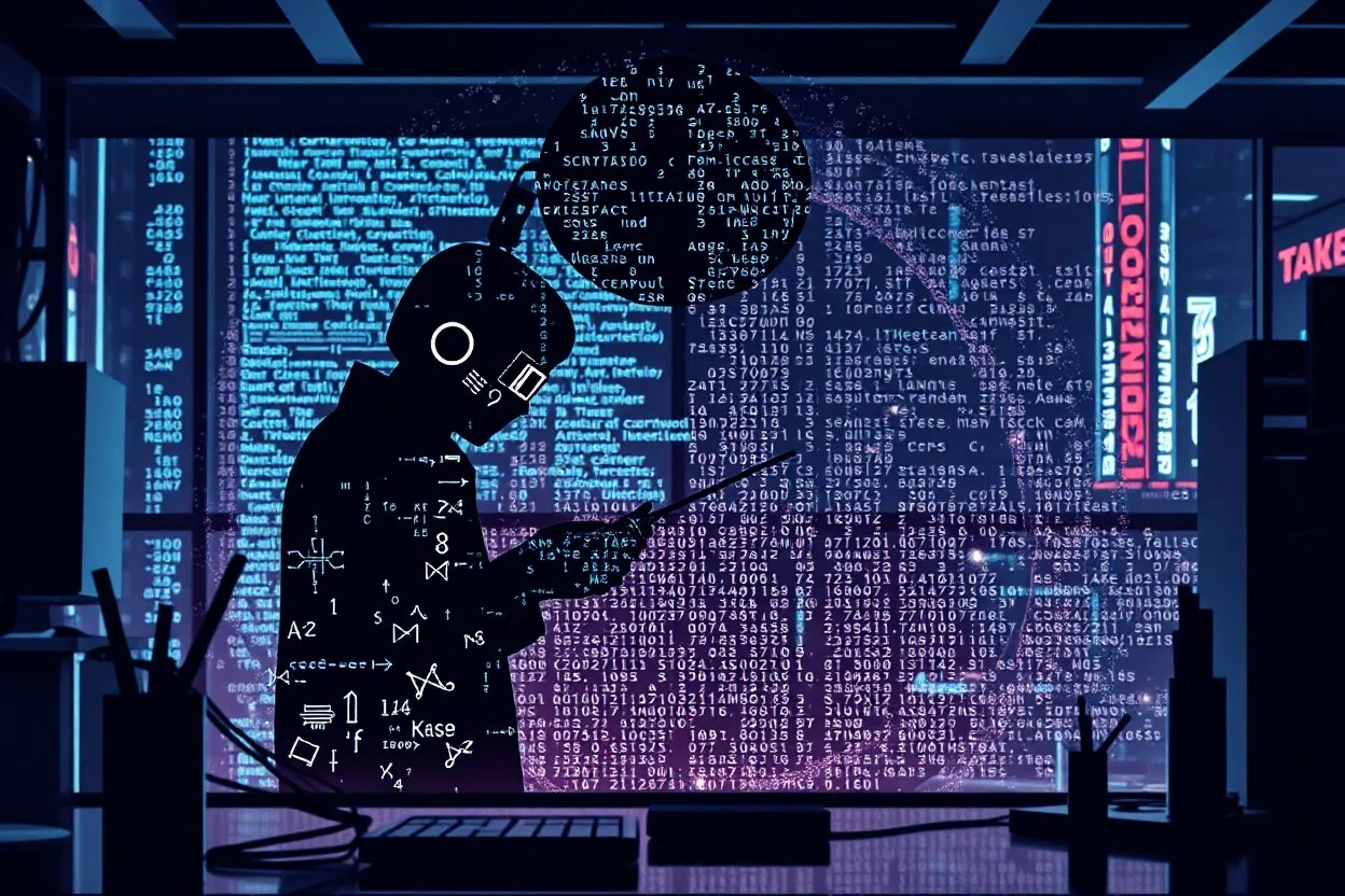 cypher punk silhouette mining code in a Tokyo lab
