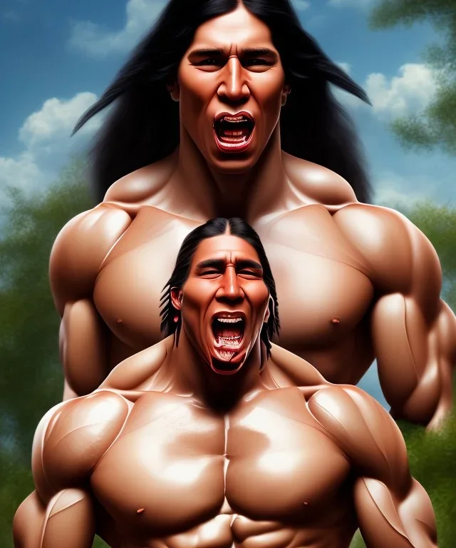 native american warrior, long black hair, big muscles, face up, mouth wide open, scream face, shirtless, looking to the sky