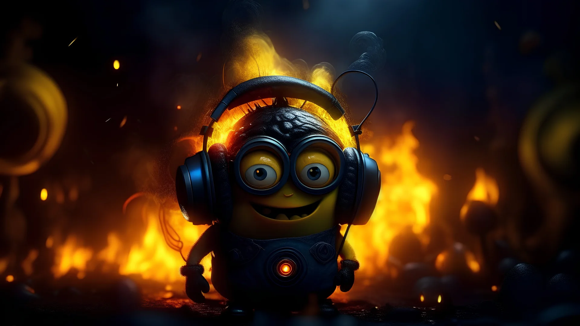 A Minion that is a blend between a hell devil and fire, fire sparks, smoke, debris. dj headphone, Terrifying face. It is rushing. Bokeh. Chiaroscuro. photorealistic.