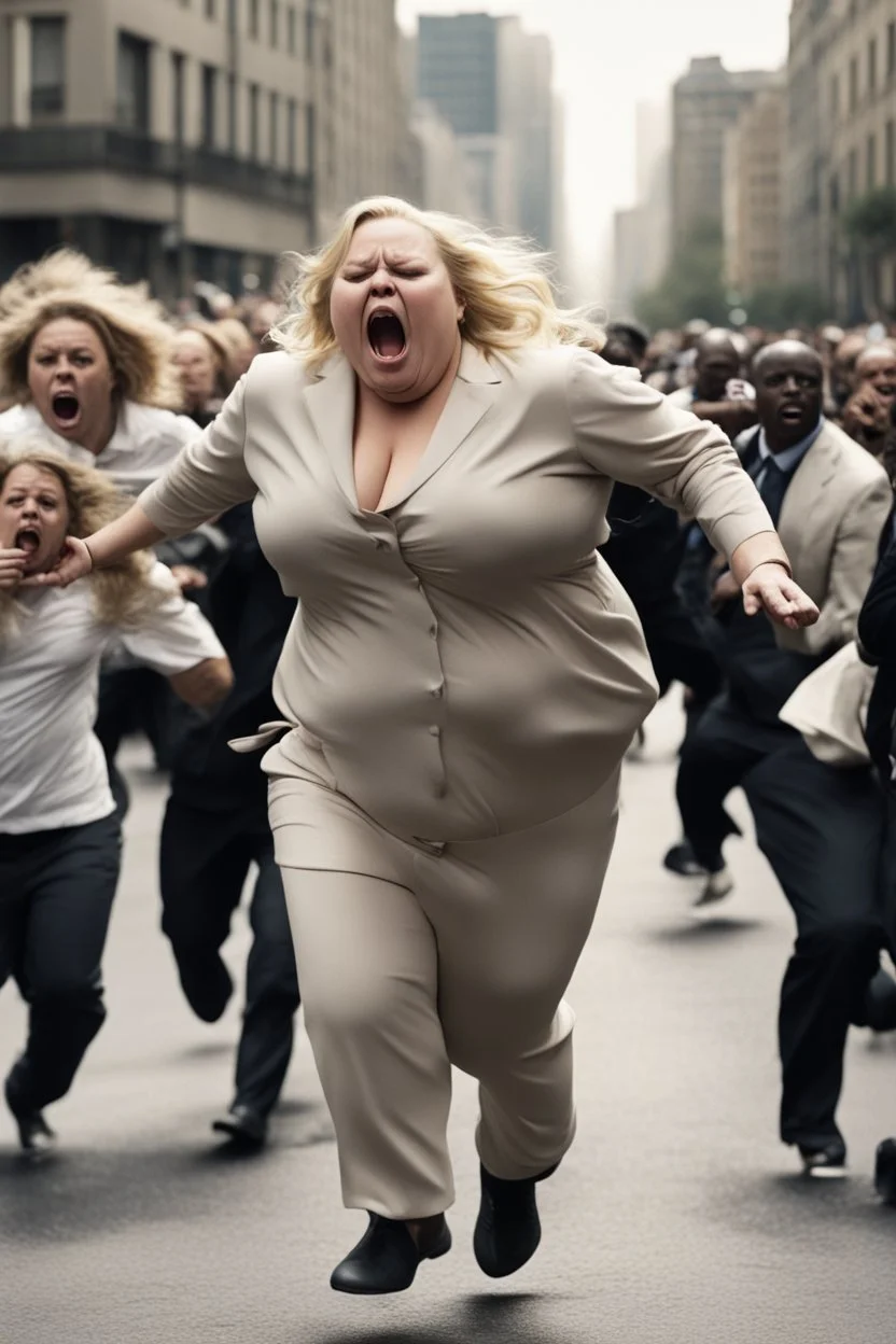 an obese terrified blonde woman crying and sobbing in a pant suit desperately running away from an angry mob of thousands of black people chase her down a city street