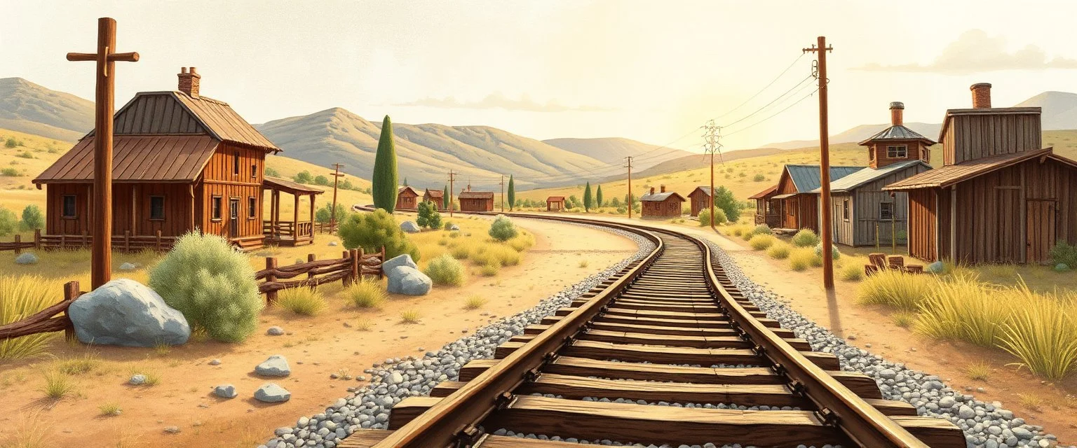 old western railroad track, childrens book illustration