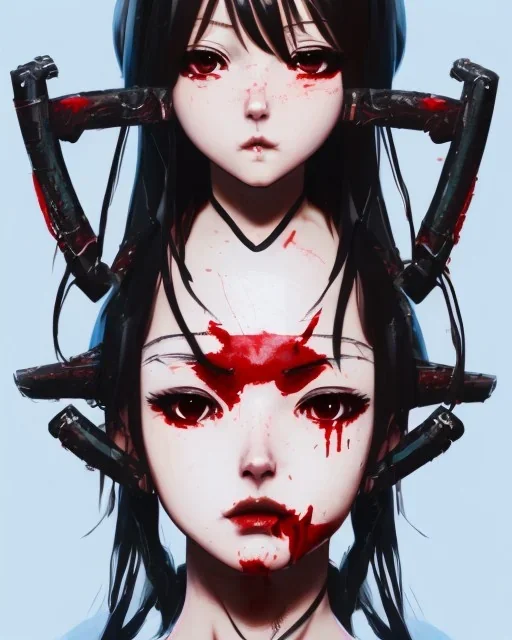 Detailed cute anime assassin girl, blood read hair buns, blood red bangs, black latex bodysuit, intricate details, portrait, keep head in frame, slight smile, black Japanese motif, concept art, highly detailed, digital painting, concept art, sharp focus, illustration, art by Yoji Shinkawa, WLOP and greg rutkowski and alphonse mucha and artgerm and yanjun Chen and Junji ito and Makoto Shinkai, HDR, octane render