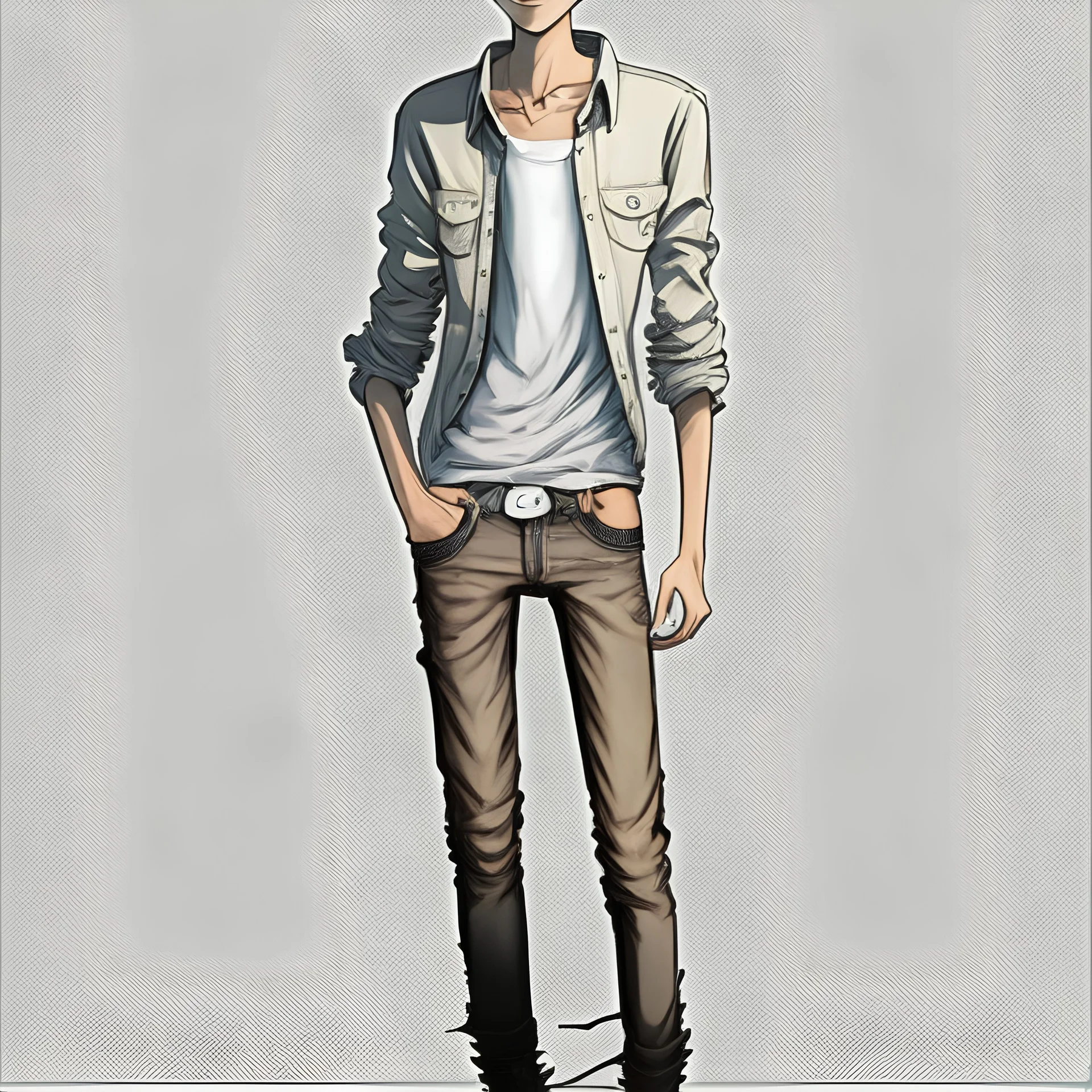 Teen man, black hair, black leather jacket, perfect face, style of tomer hanuka, jeans, pompadour. standing, full body