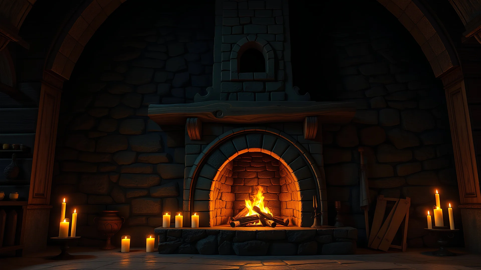 medieval old stone fireplace, candles, night, 8k, high quality, trending art, trending on artstation, sharp focus, studio photo, intricate details, highly detailed, by tim burton