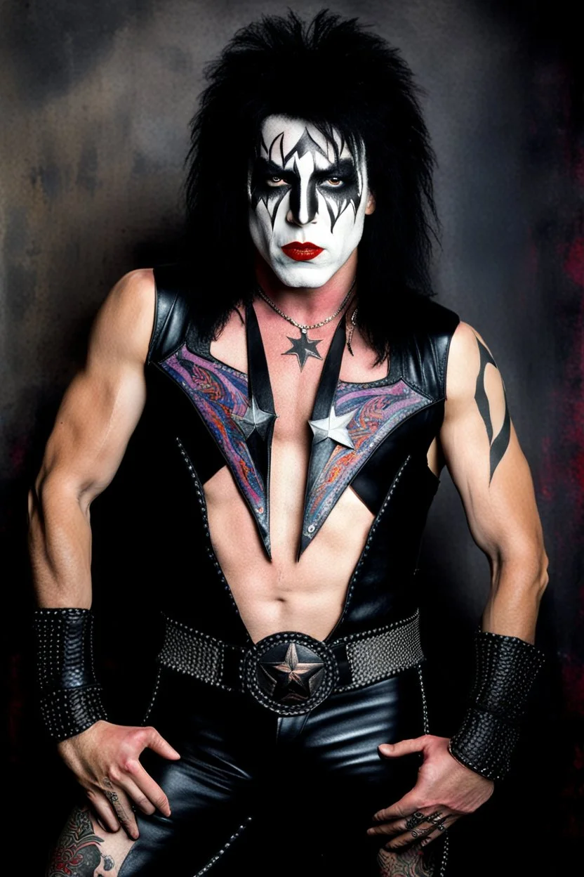 text 'KISS' - Paul Stanley, White face paint, black star on right eye, rose tattoo on right shoulder, head and shoulders portrait, KISS - Paul Stanley, Black star on right eye, Chest and stomach hair, rose tattoo on right shoulder, black spandex and leather, 8-inch high platform boots, - a multicolored cement wall in the background,