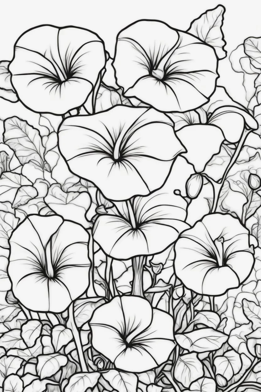 flowers coloring page for kids, morning glory, cartoon style, thick outline, low details, no shading, no color