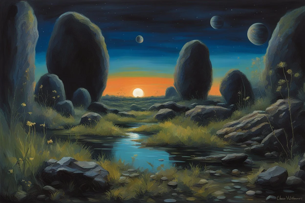 Dark blue sky with one exoplanet in the horizon, rocks, puddle, weeds, sci-fi movies influence, epic, ernest welvaert, and charles leickert impressionism paintings