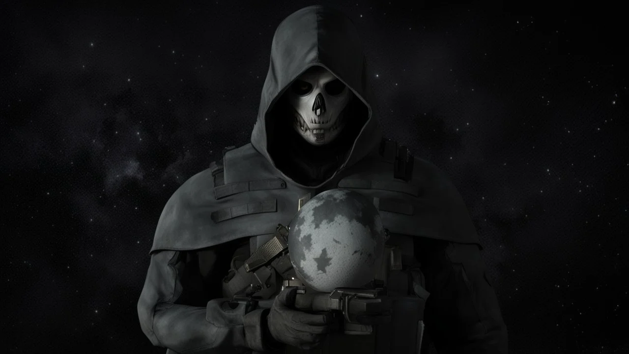 ghost from call of duty without mask, in black background, with stars, the moon behind