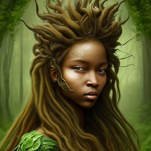 Renaissance style. Watercolour Painting. the face of A young black woman. A wood nymph emerging from the forest. Her hair looks like vines. leaves and gnarled branches extending past face and morphing into reality, Dreadlocs. Her skin is the colour of dark soil. Her skin looks like tree bark. Her clothing is made of vines, grass and leaves.