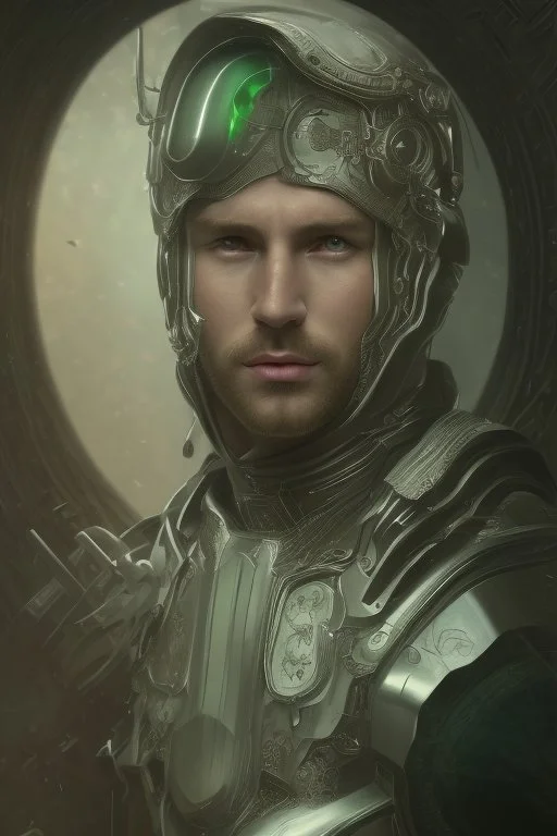 photorealistic white male handsome, hyperdetailed painting, luminism, Bar lighting, complex, dark green miltary armor, 4k resolution concept art, Artgerm, WLOP, Alphonse Mucha, 3d render, octane render, intricately detailed, cinematic, awesome full color, hand drawn, dark, gritty, cinematic