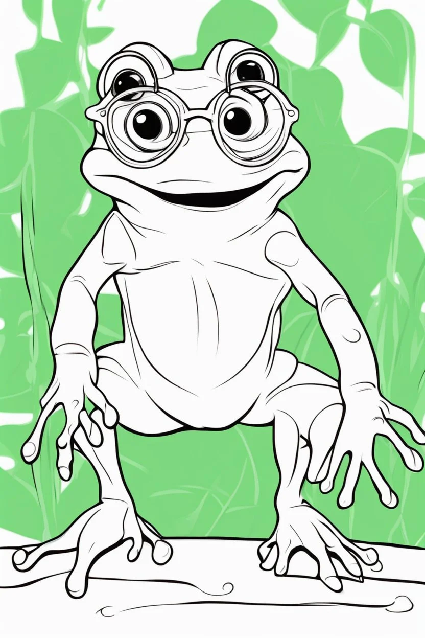 Outline art for cute coloring pages with frog with glasses, full body, white background, sketch style, only use outline, clean line art, no shadows and clear and well outlined.