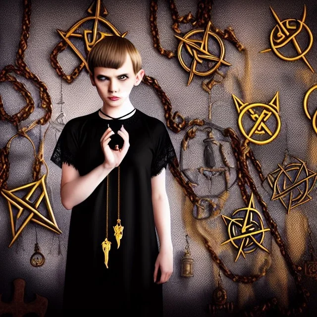 Realistic photo Russian shorthair tomboy with black magic evil forces amulet on the neck boyish face men's look boys face boylike in lacy girlish nightgown in girlish room with amulets of black magic and symbols of evil forces on the wall of the lord of evil and the king of the underworld of evil forces