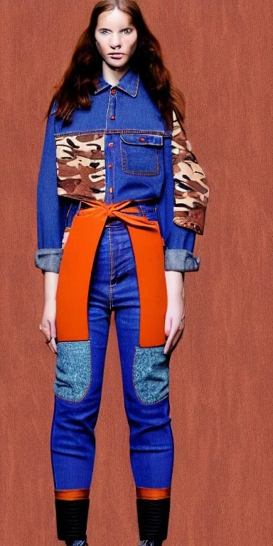 Model, woman. sérigraphie on denim with orange,terracotta, cream and purple colors. Camouflage patterns are screen printed on denim. Brunette woman in her 30's. thick thighs, thick calves, flat belly, wide hip. Mantle is sewed of recycled Denim and sewed together of camouflage pieces. It is with big bright purple felt tippet and cream-colored-hood. mantle is merged with satchel. Style: Haute Couture in 1920's and 1990's in New York. Paris in 2023