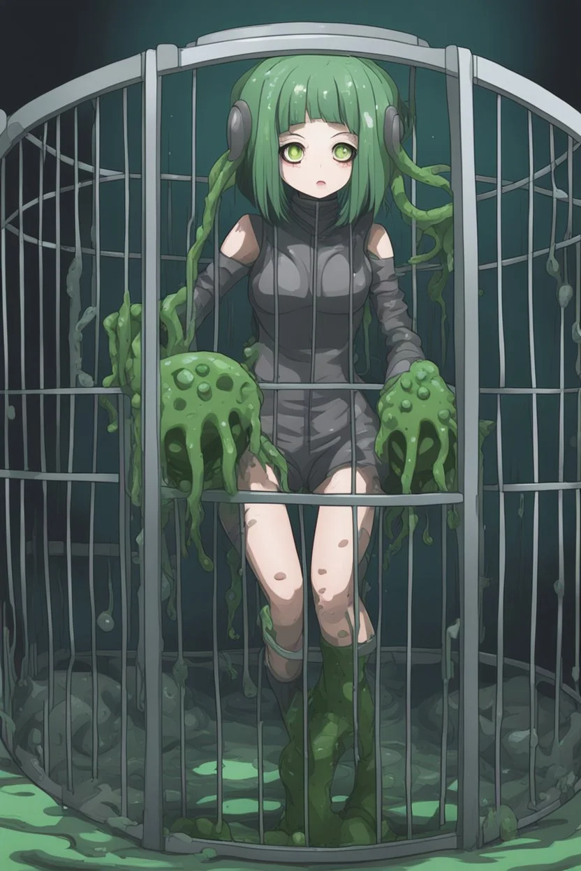 moody anime girl in a futuristic suit, Slime, mud, mucus, sludge, woman with tentacles, scared face trapped in a cage, feet point view,