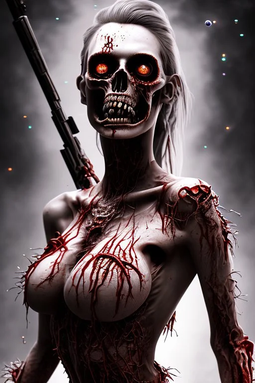 12k ultra-high-definition rendering of a zombie model in a photo studio ,The zombie, adorned in a red ripped tight dress, ripped sideways from top to bottom, long slit, shoes are fashionable platforms, big gun on side thigh, exudes a sinister aura under the studio's dark and mysterious lighting