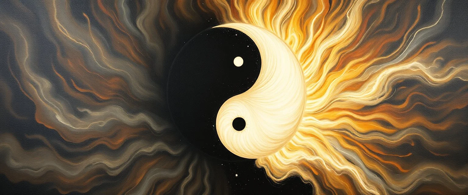 portrait of ascended yin yang master blaster, master oil painting by Rembrandt, escape route from our dimensions, hidden even to the demiurge, zebra worm hole