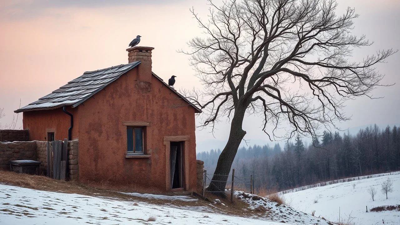 a lonely old adobe hut with worn adobe brown-gray wall and a small window, a crumbling roof, an old chimney stands on a hill, next to it is a small woodshed by the wall, and an old withered tree leans over the hut on thr old tree sitting a black crow, the hut stands on the edge of a European forest, winter, snowy landscape, low light, dawn, snow, high detailed, sharp focus, high realistic, perfect photo