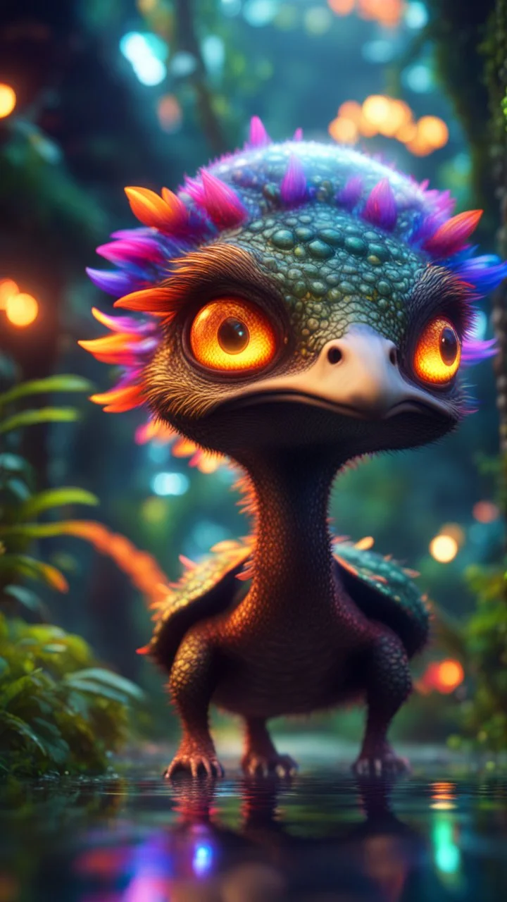 Psychedelic fire breathing space ostrich turtle dragon with friendly cute face and hair like a rocker, in dark lit reflective wet jungle metallic hall dome hotel tunnel, in the style of a game,bokeh like f/0.8, tilt-shift lens 8k, high detail, smooth render, down-light, unreal engine, prize winning