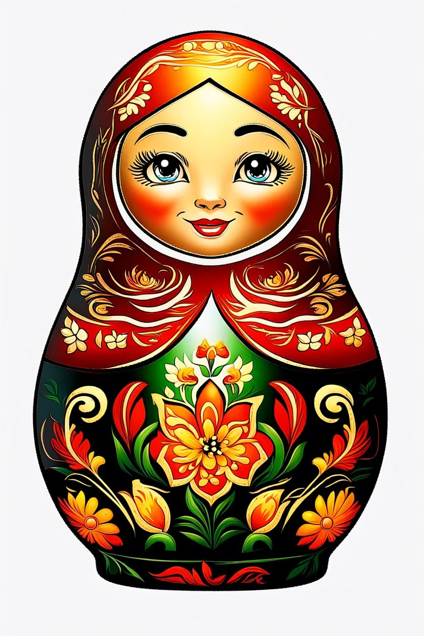 draw a matryoshka doll in the style of Khokhloma, the matryoshka is smiling, take the matryoshka dolls patterns from Khokhloma