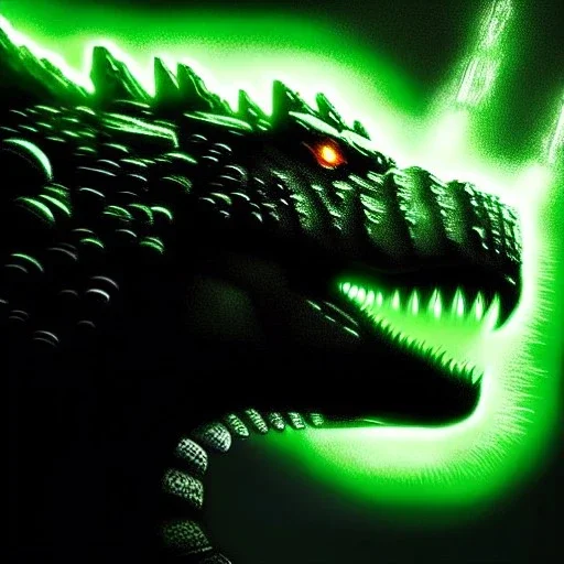 ultra detailed fullbody Drawing of Mech Godzilla ,intense stare,with glowing Green eyes, extremely detailed digital painting, intrincate, extremely detailed face,crystal clear Big eyes, in the style of Pixar and Caravaggio, mystical colors , perfectly centered image, perfect composition, rim light, beautiful lighting, 8k, stunning scene, raytracing