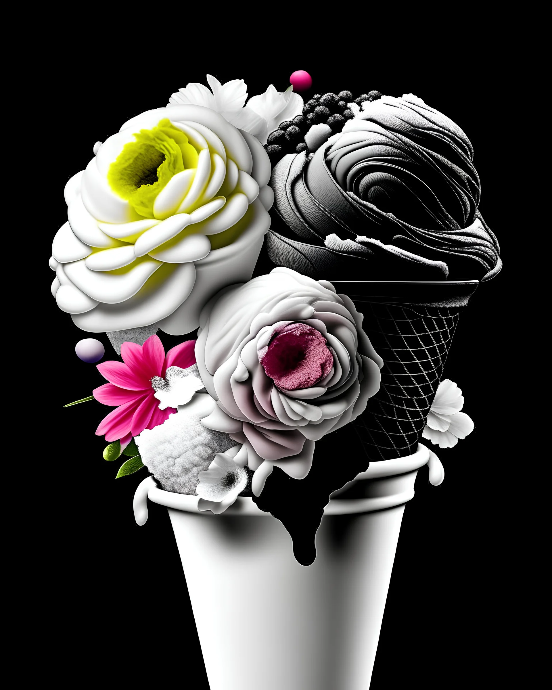 ice cream half colored and half in black and white with flowers