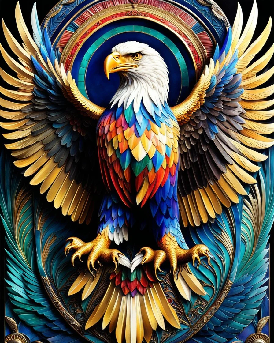 Beautiful eagle colorful art Deco, full body, amazing artwork, hyper detailed, ultra maximalist quality, 12k