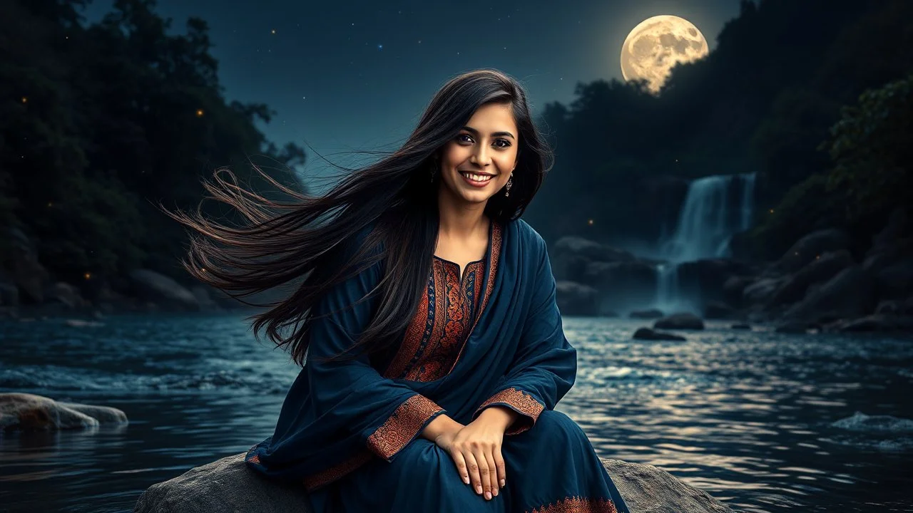 Hyper Realistic Photographic Close Face View Of A Beautiful Young Pashto Woman With Beautiful Long Black Hair Whirling, Wearing Beautiful Navy-Blue Frock With Orange Embroidery And Navy-Blue Dupatta Happily Sitting On a big-rock in the middle of River Water & Smiling, In A Jungle Riverside With Beautiful Waterfall From Mountain With Full Moon with Stars Along With Fireflies Around Her At Night Showing Dramatic And Cinematic Ambiance.