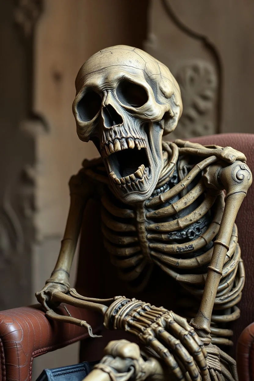 a decrepit mummy leaned over in a brown chair, mouth open