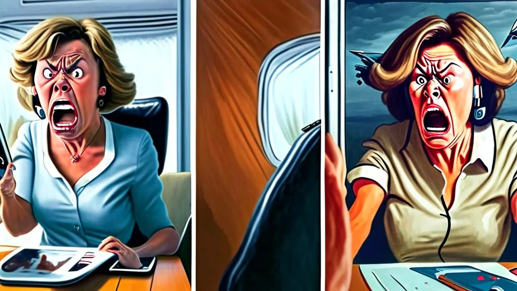 double scene left with with angry lady at home on phone and the right with airline representative on the phone