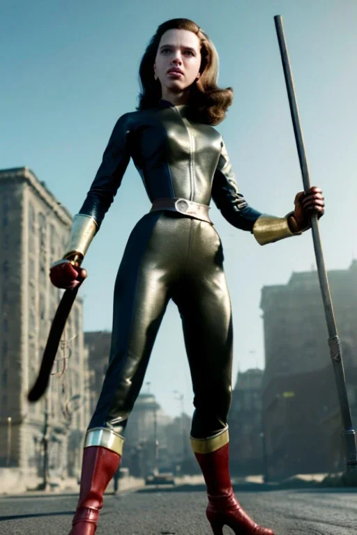 retro portrait image from 1960, city background, wind, long hair, fighting stance, young Scarlett Johansson, classic black tight lycra suit, metal stick weapon, gold bracelet and belt, high heel boots, soft color, highly detailed, unreal engine 5, ray tracing, RTX, lumen lighting, ultra detail, volumetric lighting, 3d, finely drawn, high definition, high resolution.