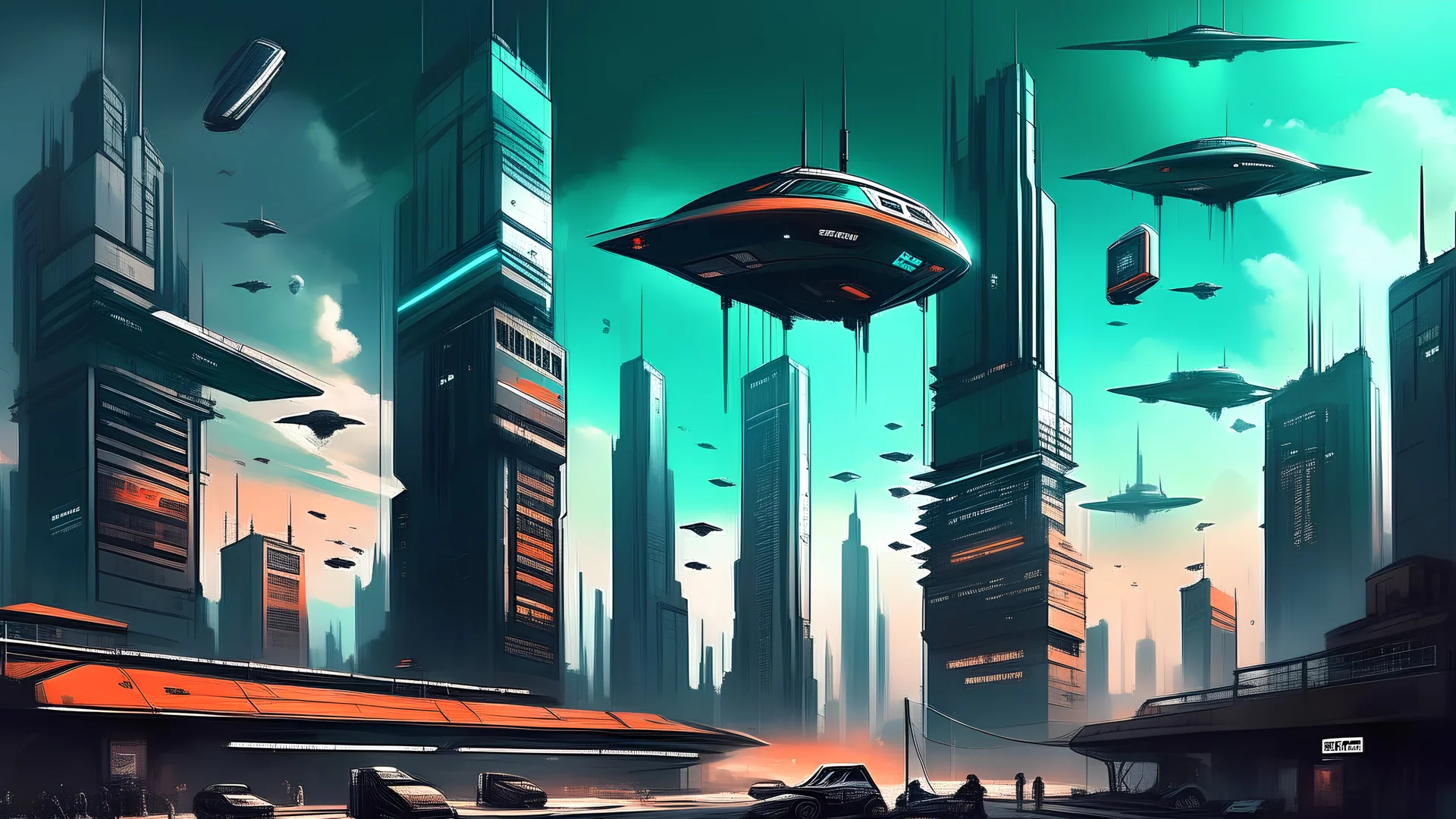 A digital painting depicting a futuristic cityscape with towering buildings and flying cars, where a giant shovel is being used as a vice to hold up a massive antenna