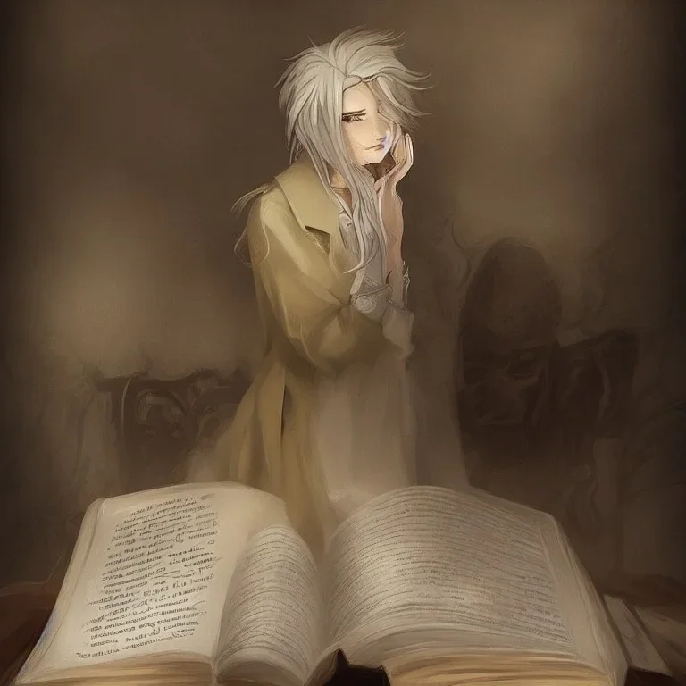 portrait of one single calm elf with white hair in beige coat reading a huge book, fantasy character art, concept art, somber, gloomy lighting, 3d concept art, stylized