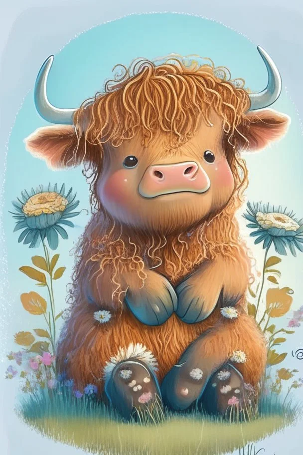 dorable cute happy baby scottish highland cow with dreamy eyes, sitting down and holding a flower, nursery art, very rendered polished Perfect, smooth edges, flawless Facial Features, Stunning, Whimsical Fantasy, Cute, Highly Detailed, Well Rendered, cartoon, illustration