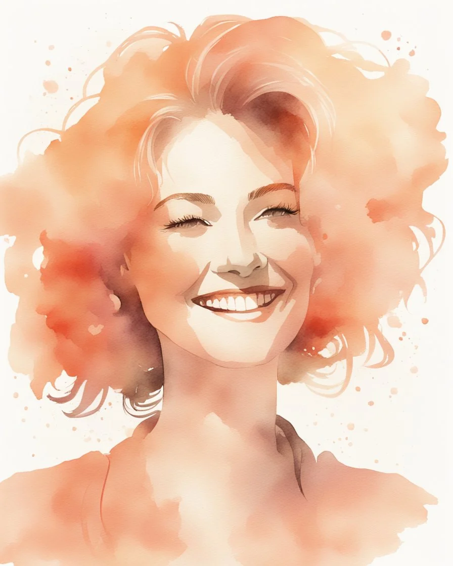 grown-up woman smiling silhouette and hair light peach colors watercolor draw