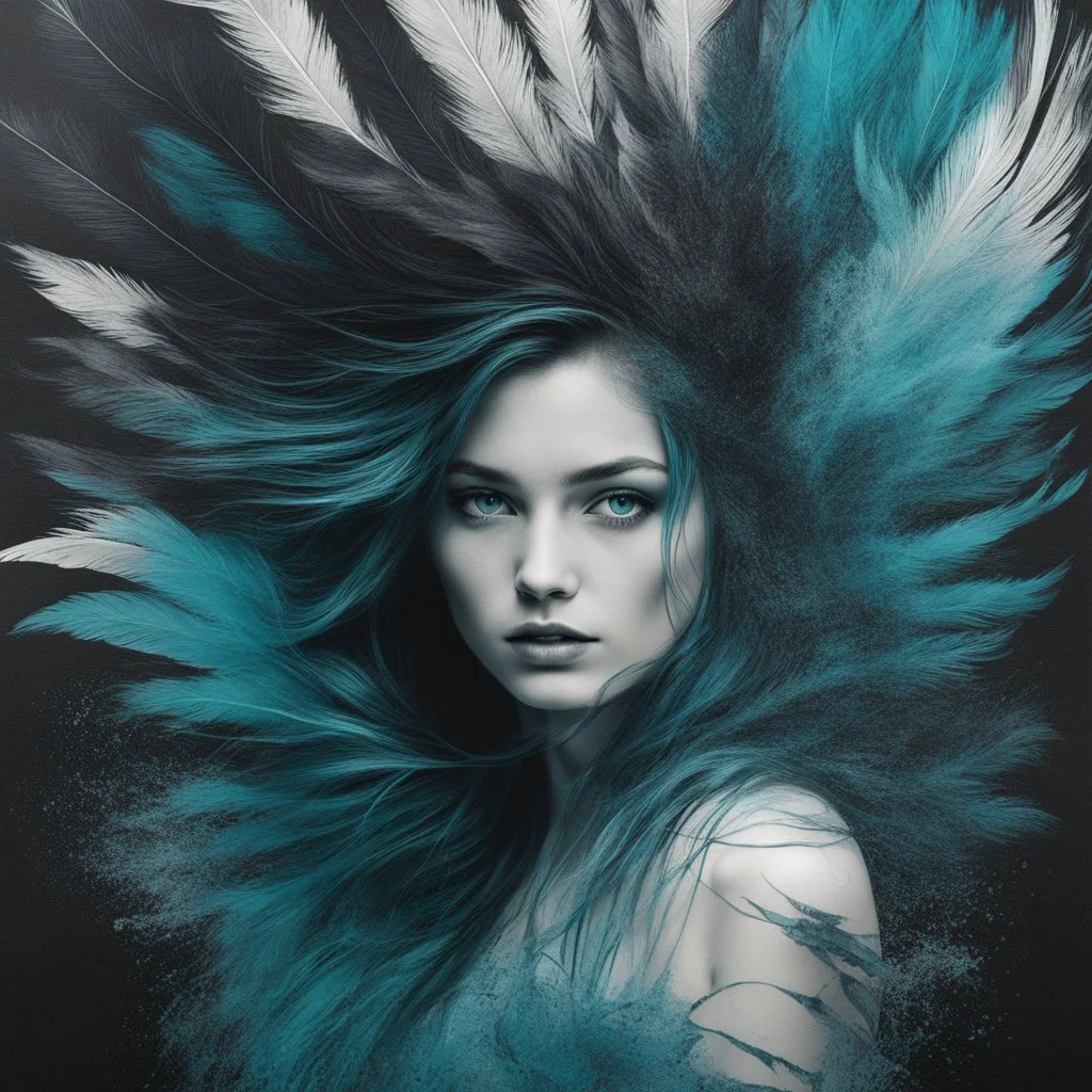 image of a girl, in the style of gossamer fabrics, liquid emulsion printing, dark cyan and dark black, trompe-l'œil illusionistic detail, wetcore, norwegian nature, fine feather and hair details